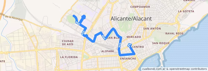Mapa del recorrido 12: Plaza de Los Luceros ⇒ Pau I de la línea  en Alacant / Alicante.