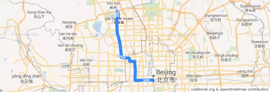 Mapa del recorrido Bus 特4: 国防大学 => 前门 de la línea  en Peking.
