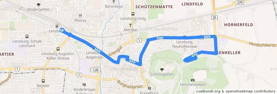 Mapa del recorrido Bus 391: Lenzburg, Bahnhof => Schloss de la línea  en Lenzburg.