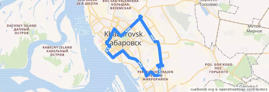 Mapa del recorrido Автобус 29П: ул. Калараша - ул. Шеронова - Гидрометцентр - ул. Калараша de la línea  en ハバロフスク地区.