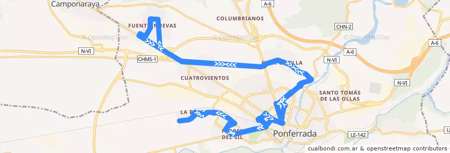 Mapa del recorrido L7:La Placa-Fuentes Nuevas de la línea  en Ponferrada.