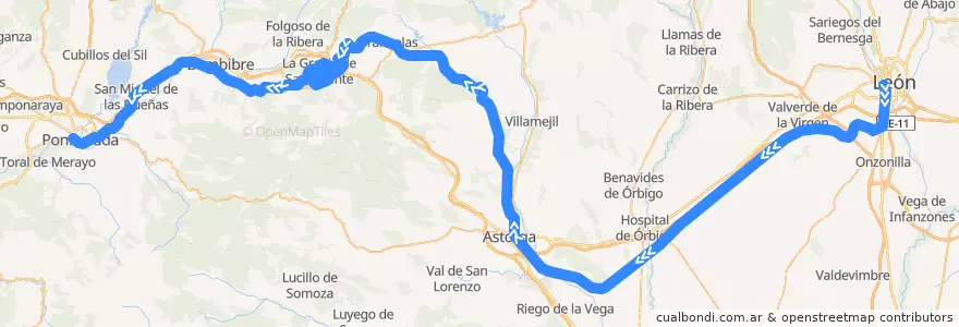 Mapa del recorrido 23:León-Ponferrada de la línea  en León.