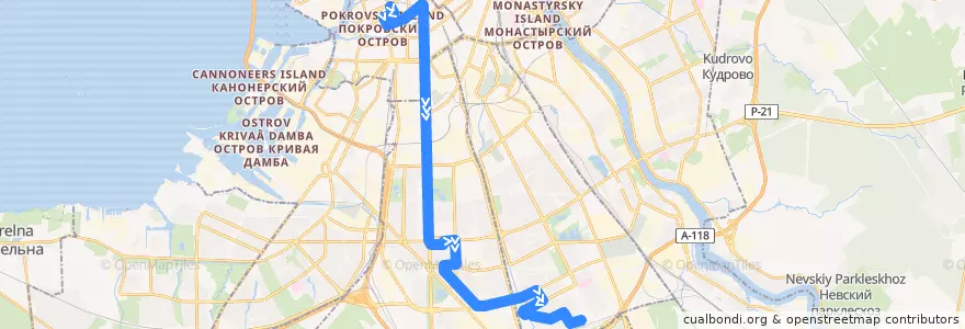 Mapa del recorrido Автобус № 50: Театральная площадь => Малая Балканская улица de la línea  en Санкт-Петербург.