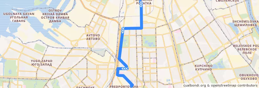 Mapa del recorrido Автобус № 62: станция метро «Московские ворота» => улица Костюшко de la línea  en Московский район.