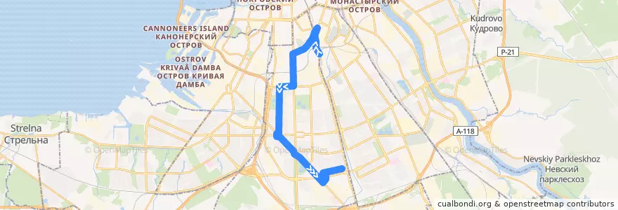 Mapa del recorrido Автобус № 64: железнодорожная платформа «Воздухоплавательный парк» => Звёздная улица de la línea  en Московский район.