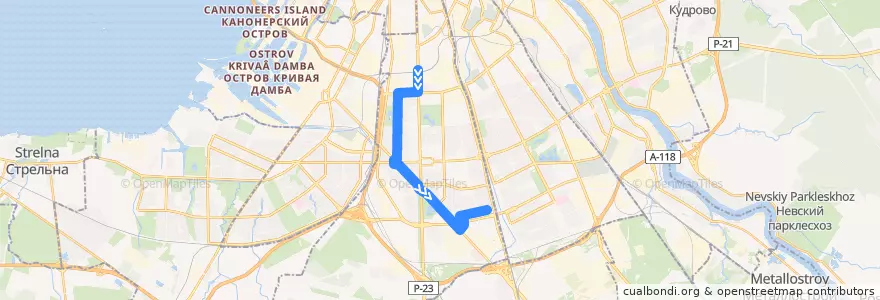 Mapa del recorrido Автобус № 64А: Рощинская улица => Звёздная улица de la línea  en Московский район.