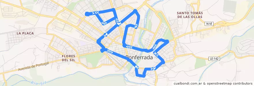 Mapa del recorrido C1:Circular Urbano 1 de la línea  en Ponferrada.