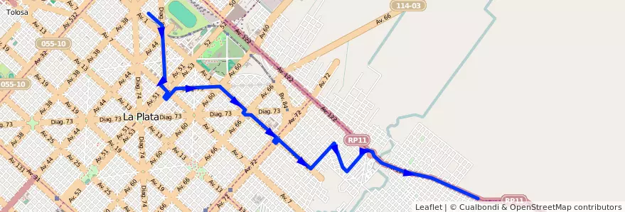 Mapa del recorrido 19 de la línea Este en Partido de La Plata.