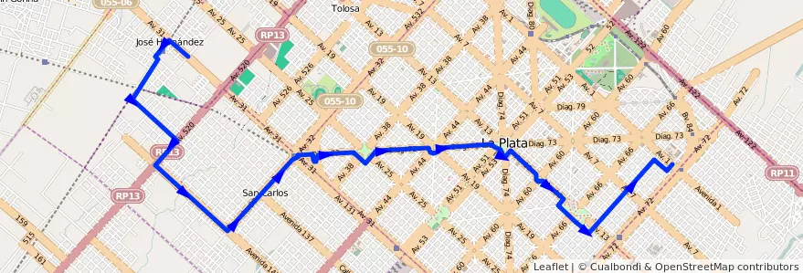 Mapa del recorrido 19 de la línea Oeste en Partido de La Plata.