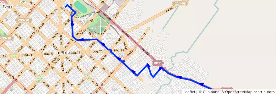 Mapa del recorrido 19 de la línea Este en Partido de La Plata.