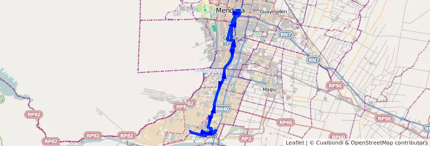 Mapa del recorrido 19 - Lujan - Av. Libertad - Huentota por Cervantes de la línea G01 en Мендоса.