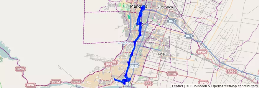Mapa del recorrido 19 - Lujan - Bº Huentota - Av.Libertadad por Cervantes de la línea G01 en Mendoza.