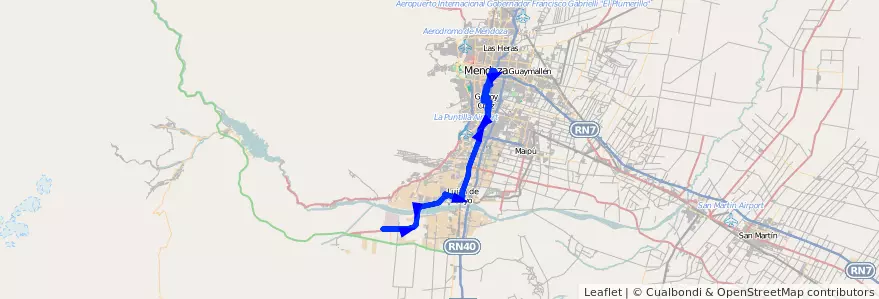Mapa del recorrido 19 - Lujan -PIP por San Martin de la línea G01 en Mendoza.