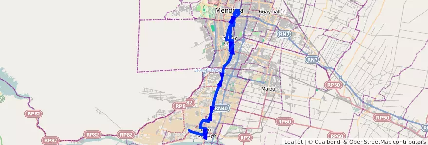 Mapa del recorrido 19 - Lujan por Drummond de la línea G01 en Мендоса.