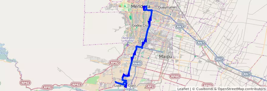 Mapa del recorrido 19 - Lujan por Drummond - Expreso de la línea G01 en Mendoza.