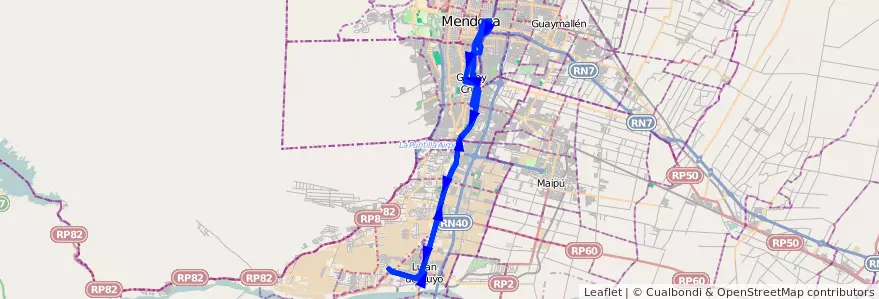 Mapa del recorrido 19 - Lujan por San Martin de la línea G01 en Mendoza.