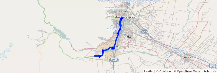 Mapa del recorrido 19 - Pip - Lujan por San Martin de la línea G01 en Mendoza.