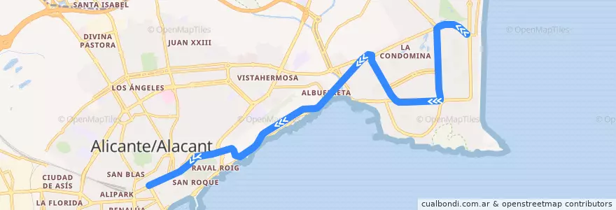 Mapa del recorrido TRAM L4: Playa de San Juan ⇒ Luceros de la línea  en Alacant / Alicante.