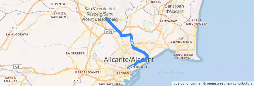 Mapa del recorrido TRAM L2: Luceros ⇒ Sant Vicent del Raspeig de la línea  en Alicante.