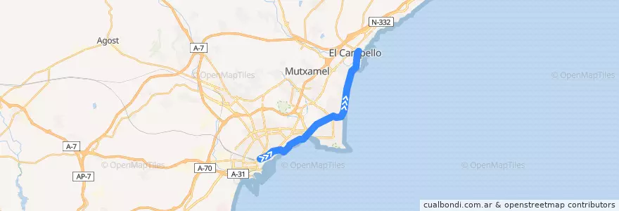 Mapa del recorrido TRAM L3: Luceros ⇒ El Campello de la línea  en l'Alacantí.