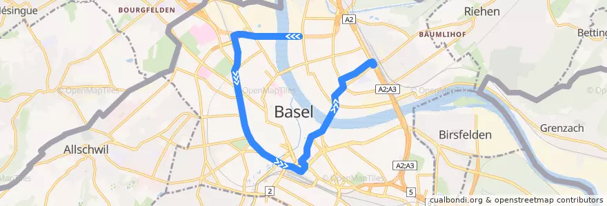 Mapa del recorrido Tram 1: Dreirosenbrücke => Badischer Bahnhof de la línea  en Basilea.