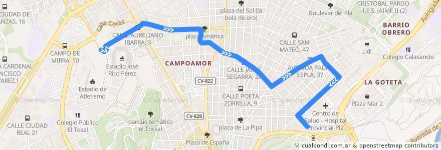 Mapa del recorrido 191 (Especial Fútbol): Pla ⇒ Carolinas ⇒ Estadio J. Rico Perez de la línea  en Alacant / Alicante.