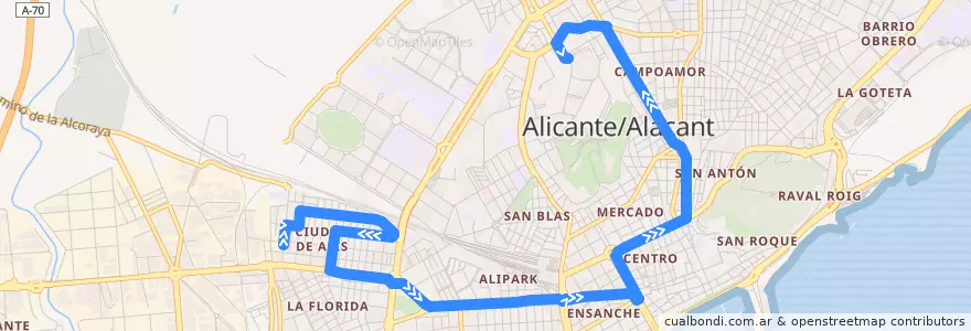 Mapa del recorrido 192 (Especial Fútbol): Ciudad de Asis ⇒ Benalua ⇒ Estadio J. Rico Perez de la línea  en Alacant / Alicante.