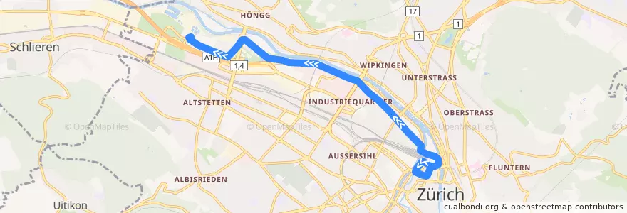Mapa del recorrido Tram 17: Bahnhofstrasse/HB → Werdhölzli de la línea  en Zürich.