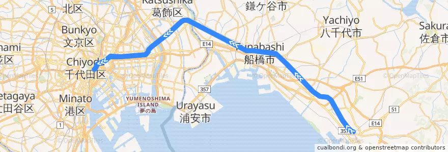 Mapa del recorrido JR総武快速線 de la línea  en Japon.