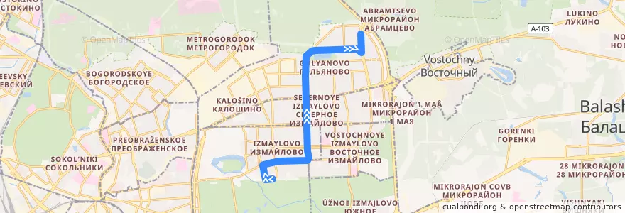 Mapa del recorrido Автобус 223: Метро «Измайловская» => Камчатская улица de la línea  en Восточный административный округ.