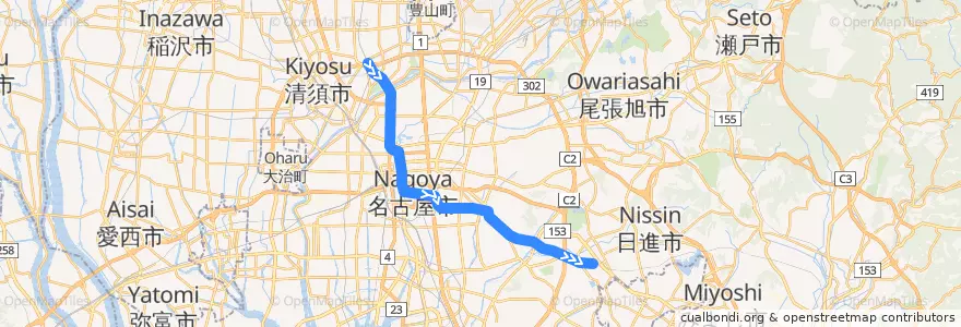 Mapa del recorrido 名古屋市営3号線鶴舞線 de la línea  en Nagoya.