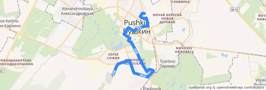 Mapa del recorrido Автобус № 382: Казанское кладбище => Железнодорожная улица de la línea  en Пушкин.