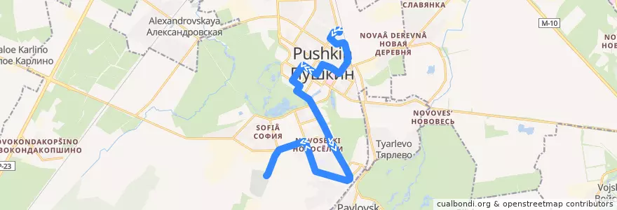 Mapa del recorrido Автобус № 382: Железнодорожная улица => Казанское кладбище de la línea  en Пушкин.