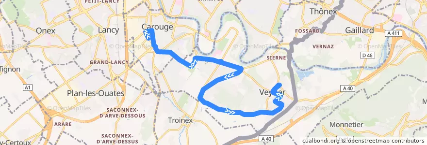 Mapa del recorrido Bus 41: Carouge-Tours → Petit-Veyrier de la línea  en Cenevre.