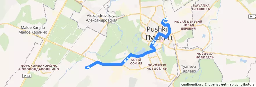 Mapa del recorrido Автобус № 380: Железнодорожная улица => Старогатчинское шоссе de la línea  en Пушкин.