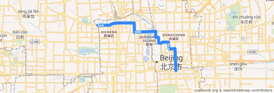 Mapa del recorrido Trolleybus 111: 崇文门外 => 白石桥东 de la línea  en Peking.