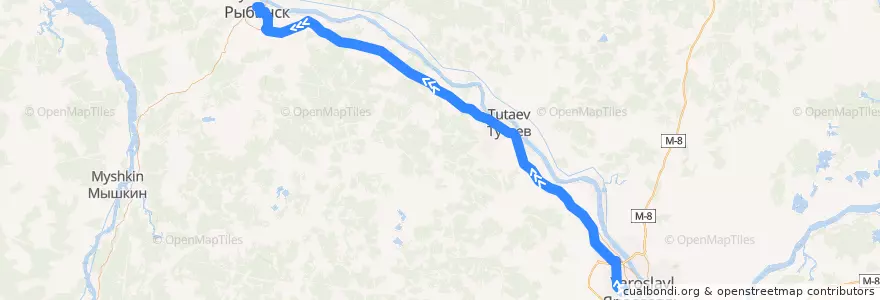 Mapa del recorrido Автобус №500т: Ярославль - Рыбинск de la línea  en Oblast Jaroslavl.