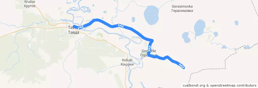 Mapa del recorrido Автобус 2107: Тавда - д. Киселёво de la línea  en Тавдинский городской округ.