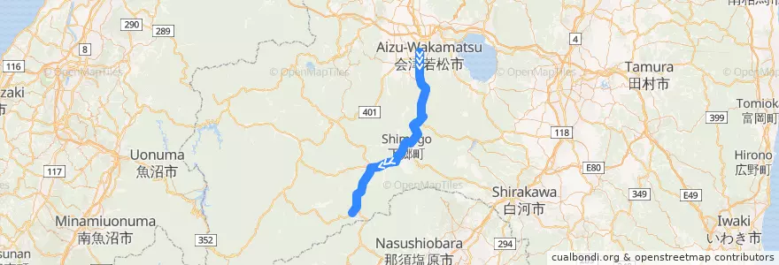 Mapa del recorrido 会津鉄道会津線 de la línea  en Prefettura di Fukushima.