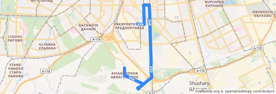 Mapa del recorrido Автобус № 13: улица Костюшко => Авиагородок de la línea  en округ Пулковский меридиан.