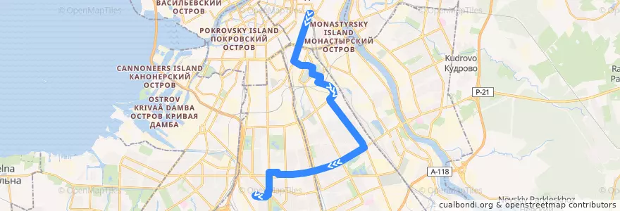 Mapa del recorrido Автобус № 141: Московский вокзал => улица Костюшко de la línea  en Санкт-Петербург.