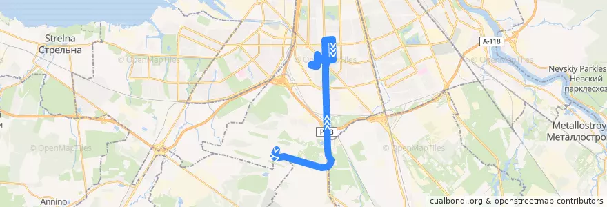 Mapa del recorrido Автобус № 39: Аэропорт «Пулково-1» => улица Костюшко de la línea  en Московский район.