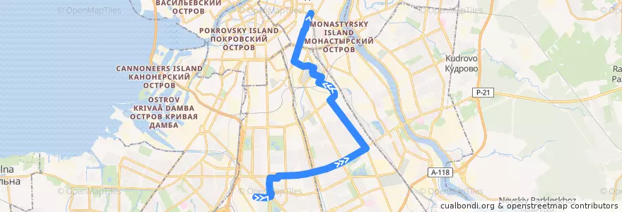 Mapa del recorrido Автобус № 141: улица Костюшко => Московский вокзал de la línea  en سانت بطرسبرغ.