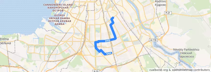 Mapa del recorrido Автобус № 59: Звёздная улица => станция метро «Бухарестская» de la línea  en Санкт-Петербург.