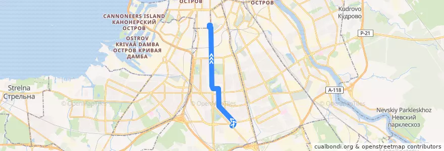 Mapa del recorrido Трамвай № 29: Мясокомбинат => Трамвайный парк № 1 de la línea  en Московский район.