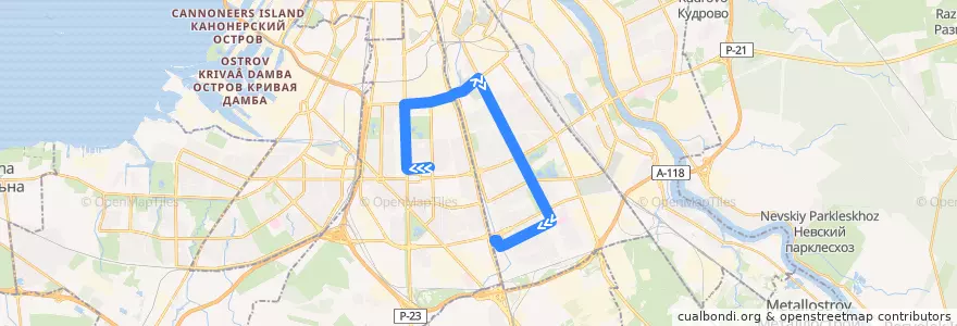 Mapa del recorrido Трамвай № 45: проспект Юрия Гагарина => станция метро «Купчино» de la línea  en サンクト ペテルブルク.
