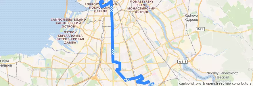 Mapa del recorrido Автобус № 50: Малая Балканская улица => Театральная площадь de la línea  en Санкт-Петербург.