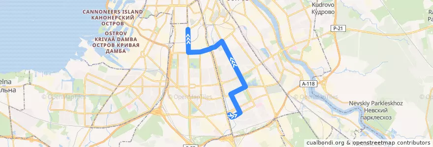 Mapa del recorrido Трамвай № 43: станция метро «Купчино» => станция метро «Московские ворота» de la línea  en Санкт-Петербург.