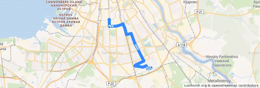 Mapa del recorrido Автобус № 159: Малая Балканская улица => Рощинская улица de la línea  en San Petersburgo.