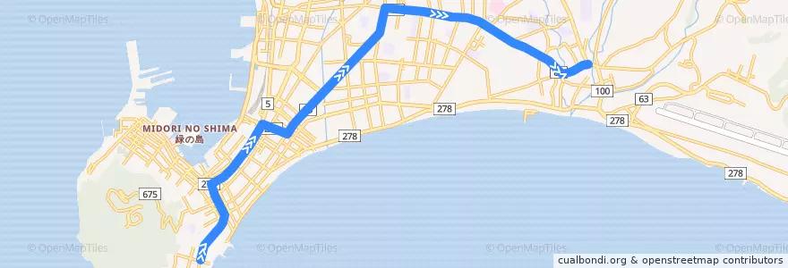 Mapa del recorrido 2系統 de la línea  en 函館市.